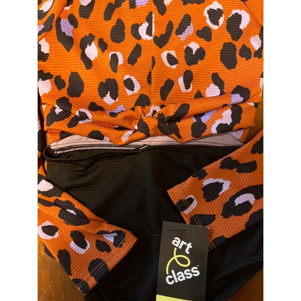 Art Class Girls Leopard Print Long Sleeve One Piece Swimsuit Orange Black Size 8